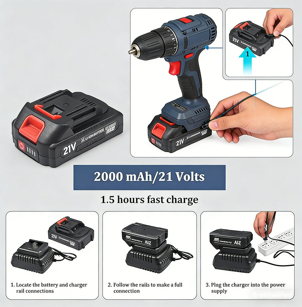Cordless Brushless Drill Set 21V 1600RPM With Two Batteries