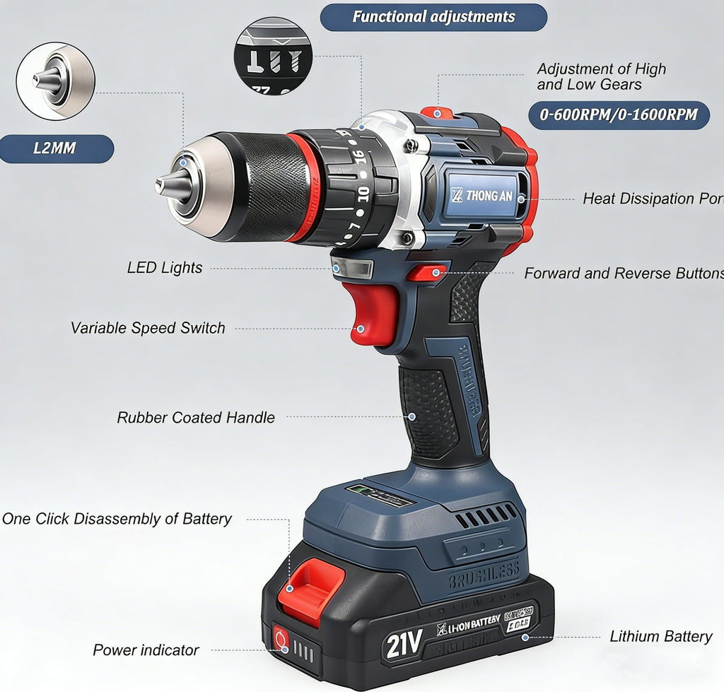 Cordless Brushless Drill Set 21V 1600RPM With Two Batteries