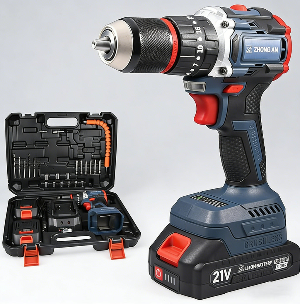 Cordless Brushless Drill Set 21V 1600RPM With Two Batteries
