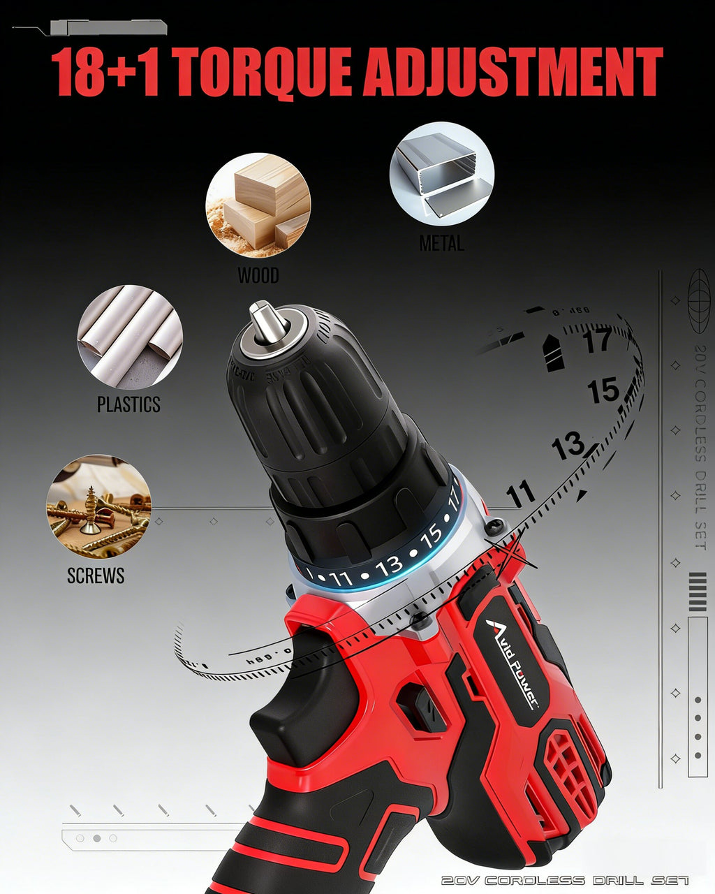 20V Cordless Drill Set Lightweight With Accessories 1400RPM