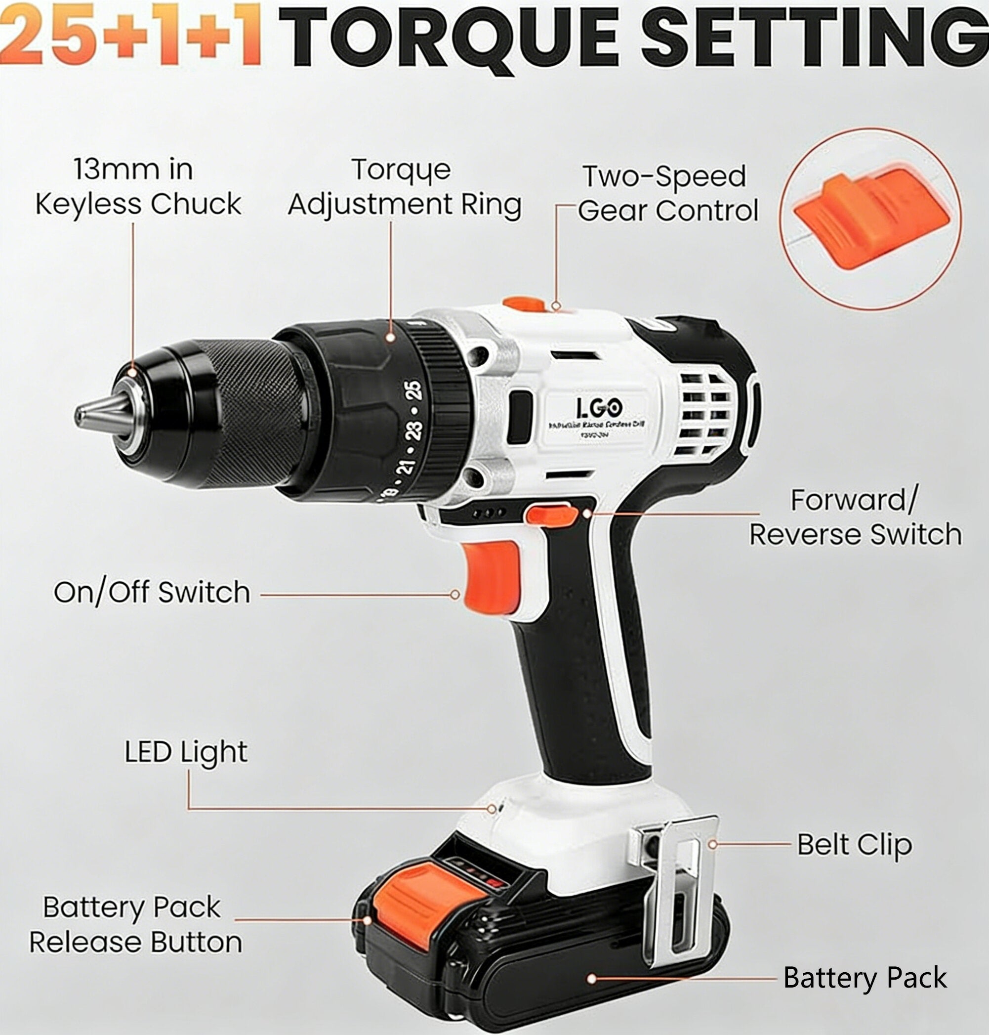 20V Cordless Impact Drill With Variable Speed And Battery