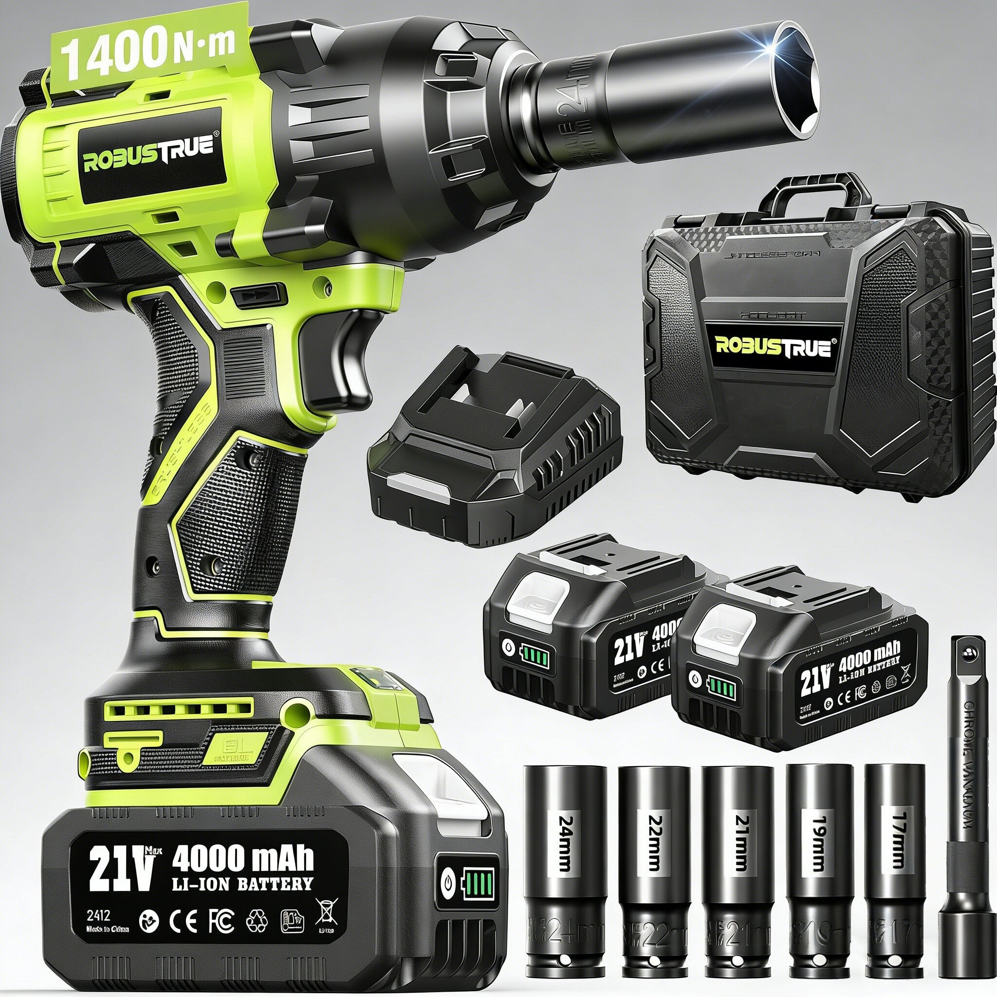 21V Cordless Impact Wrench 1000Nm With Two Batteries